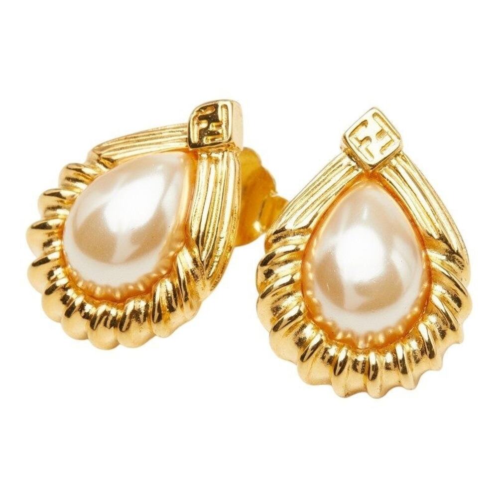 Fendi Vintage Drop Stud Plated Faux Pearl Earrings Gold